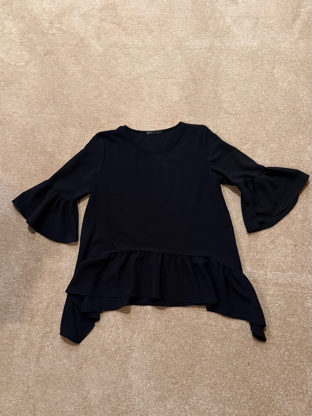 Gibson Womens Black Ruffle Hem Bell Sleeve Top
